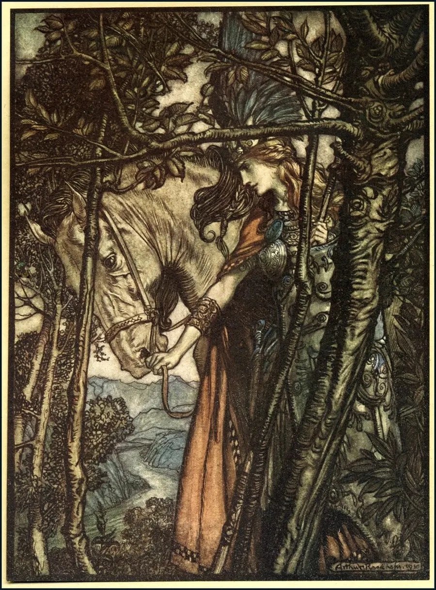 Brünnhilde leads her horse down